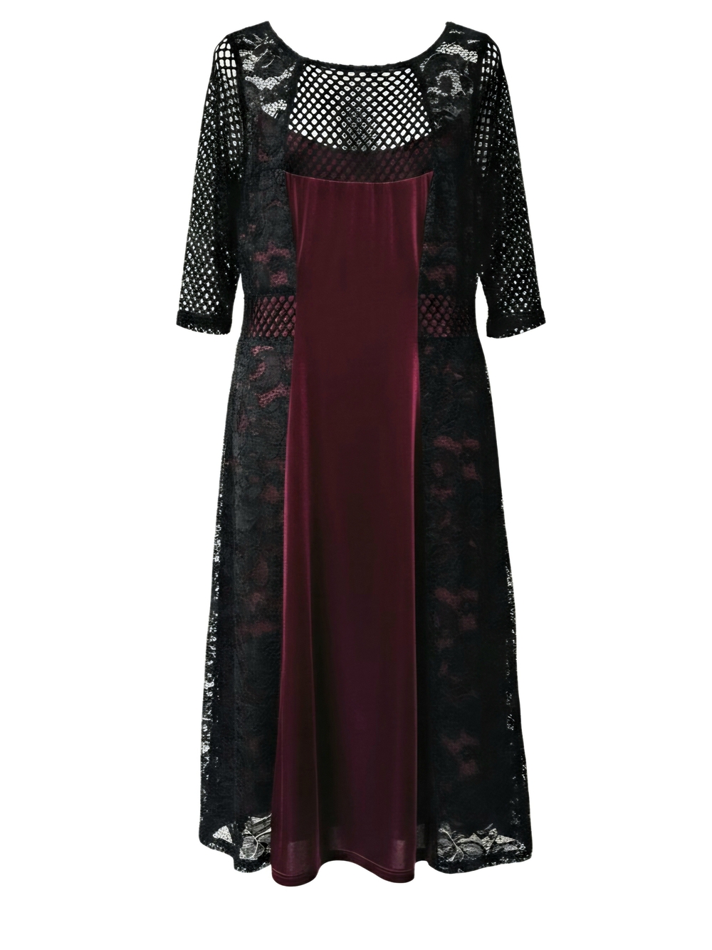 NWT 1X Victorian Gothic Burgundy Velvet & Black Lace Midi Dress Costume Formal